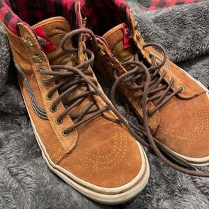 Vans brown leather hi top sneakers skater outdoor plaid scotch‎ guard unisex